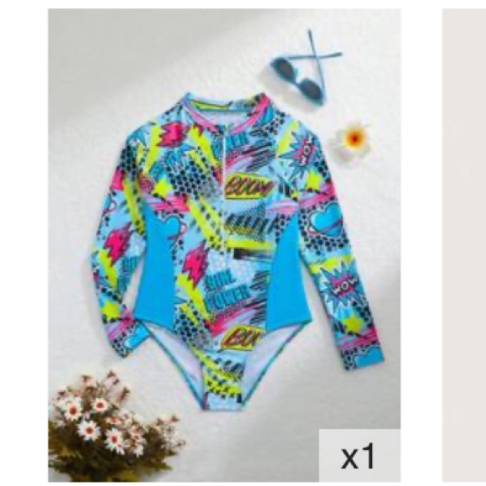 SHEIN Blue and Yellow Comic Print Kids Rashguard